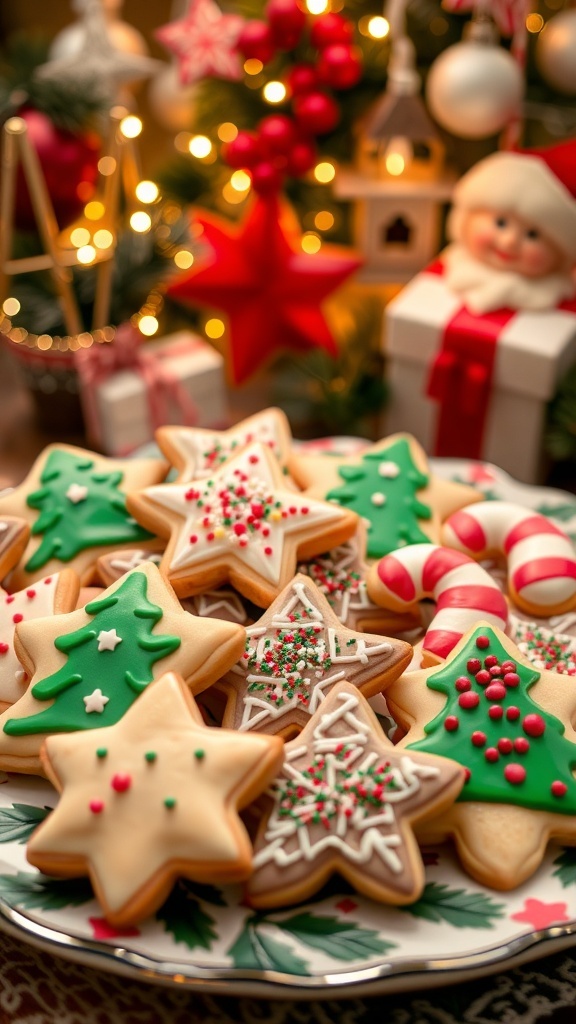 An assortment of decorated Christmas cookies on a platter, with festive decorations in the background.